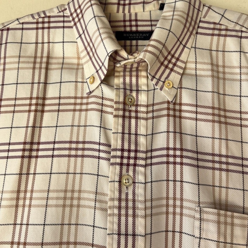 Burberry London Dress Shirt Men's M White Nova Check Plaid Button Down USA Made